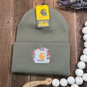 Carhartt Olive Beanie with hand embroidered flowers